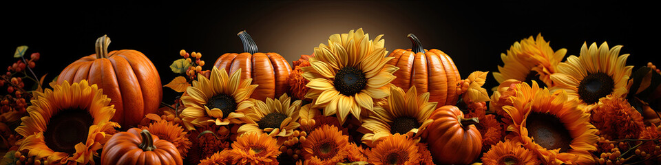 Autumn Halloween Background with Pumpkins, Fruits, and Flowers. Vegetables, Fall Leaves, and Sunflowers. 3D Thanksgiving Season Banner