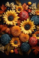 Autumn Halloween Background with Pumpkins, Fruits, and Flowers. Vegetables, Fall Leaves, and Sunflowers. 3D Thanksgiving Season Banner