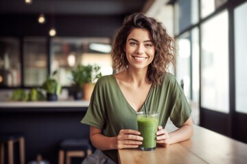 beautiful smiling girl with a green smoothie cocktail sitting at a table in a cafe, healthy eating and diet - Powered by Adobe