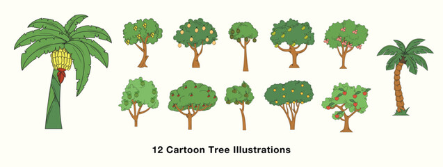 Set of Cartoon Forest Tree Illustrations. Cartoon and Handdrawn Style Forest Tree