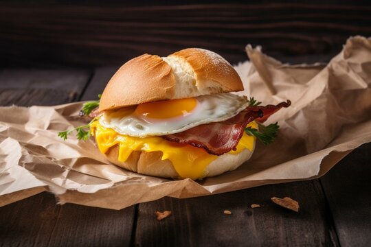 An image of a morning sandwich with bacon and eggs, placed on a paper next to crumpled paper and a napkin. Generative AI