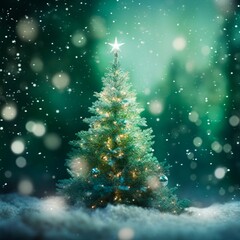 A Christmas Tree and a snowy day in winter. Blurred and bokeh background. 