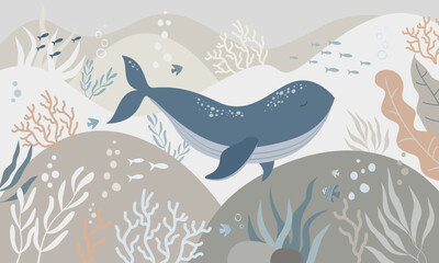 Children graphic illustration for nursery wall. Interior design for kids room. Vector illustration with underwater theme and cute whale for books and textile © Iryna