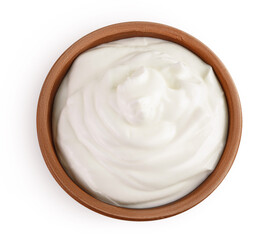 sour cream or yogurt in ceramic bowl isolated on white background with full depth of field