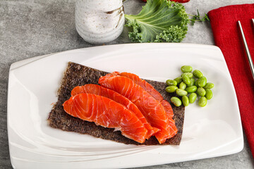 Sliced salmon sashimi in the plate