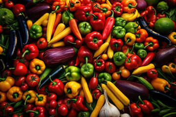 A marketplace with colorful fresh fruits and vegetables piled high. Generative AI