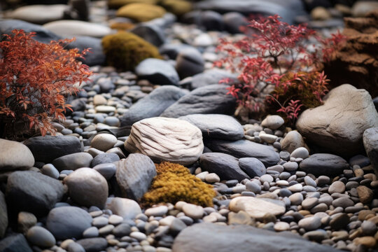 Japanese rock garden with carefully placed stones, plants and sand. Generative AI