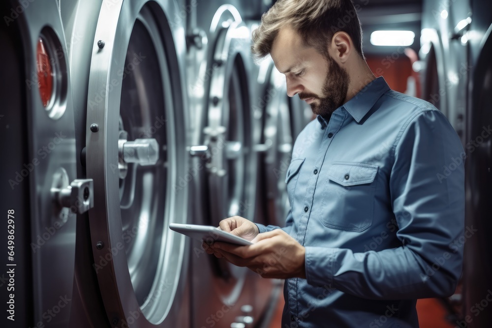 Poster validation engineer are checking system a washing machine, washer disinfector.