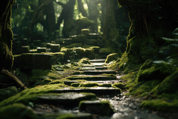 A moss covered old stone pathway in a forest. Mystic atmosphere. Generative AI