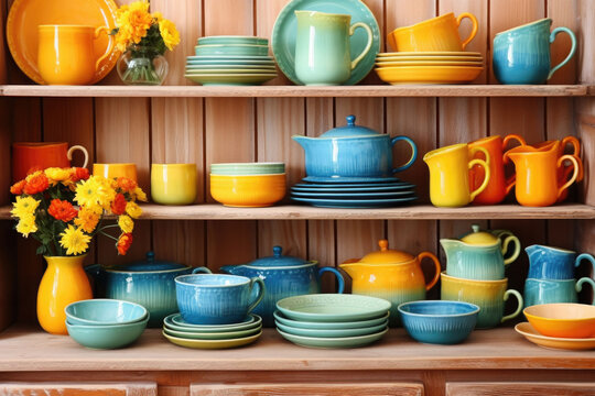 Vintage colorful dishware and ceramics. Generative AI