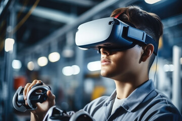 Fototapeta Engineer ware virtual reality headset in the future manufacturing facilities, Modern factory, Industry 4.0. obraz