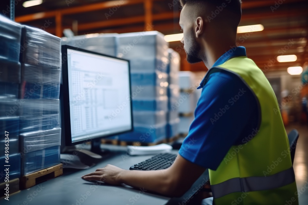 Poster Warehouse worker viewing a spreadsheet on a computer screen at factory.