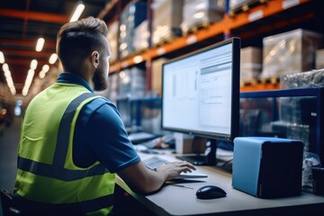 Warehouse worker viewing a spreadsheet on a computer screen at factory.