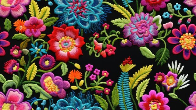 seamless pattern of beautiful embroidered Mexican flowers in vivid, eye-catching colors.