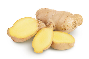 Fresh Ginger root and slices isolated on white background