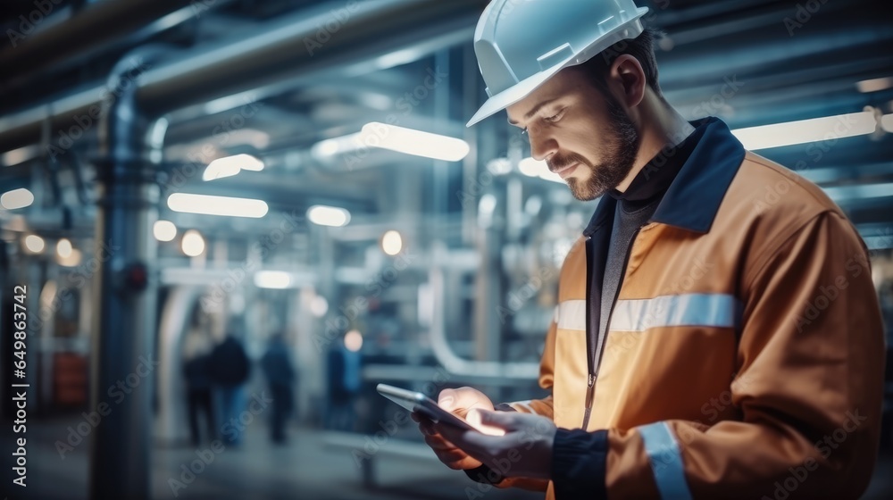 Poster worker with a tablet in his hands working in a modern factory.