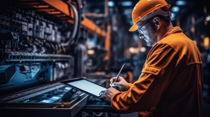 Industrial engineer at the machine, Worker in orange security vest standing at a metalworking machine typing.