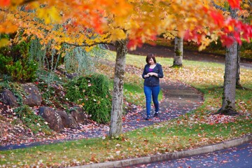 A Girl Walking Along A Trail In Autumn; Portland, Oregon, United States Of America