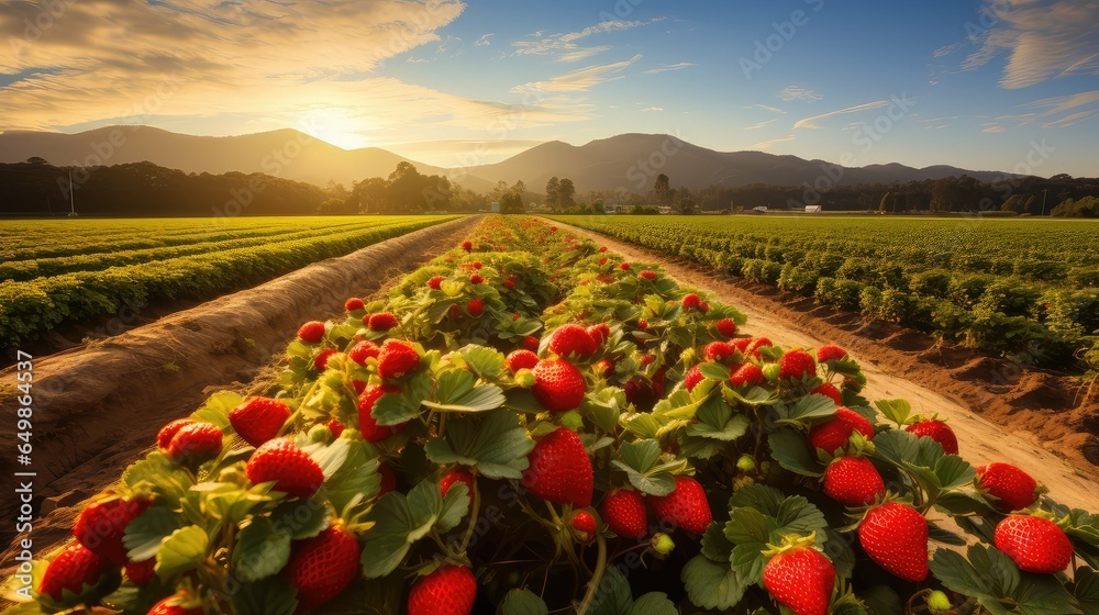 Wall mural agriculture countryside strawberry fields illustration farm summer, garden fresh, season farming agr