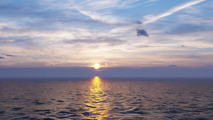 Fototapeta premium Panorama of sea sunset, ocean sunrise, seascape. Inspirational calm sea with sunset sky. Meditation ocean and sky background. Colorful horizon over the water.
