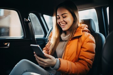 Cheerful young woman smiling while sitting on car seat and looking at smartphone, copy space. Elegant clothing looking at a map, responding to a text, getting directions. Generative ai