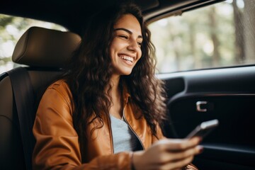 Cheerful young woman smiling while sitting on car seat and looking at smartphone, copy space. Elegant clothing looking at a map, responding to a text, getting directions. Generative ai