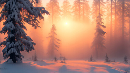 Winter landscape with snowy trees in the forest during sunrise or sunset