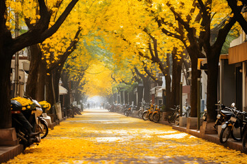 The Hanoi street with two rows of trees on both sides, yellow leaves, poetic - obrazy, fototapety, plakaty