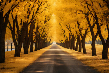 The road with two rows of trees on both sides, yellow leaves, poetic
