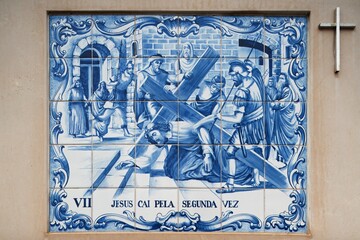Painted Ceramic Tile Depicting The Seventh Station Of The Cross As Jesus Falls For The Second Time;...