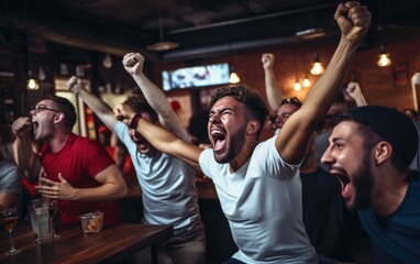 Cheering group of friends watching football match at a bar. Generative AI