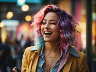 Happy young business woman with colorful hair and a smartphone in her hand laughs and screams with joy. - obrazy, fototapety, plakaty
