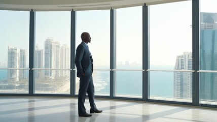 A dark-skinned businessman in a middle-aged office smiling looks out a large window from roll to ceiling. AI generated.