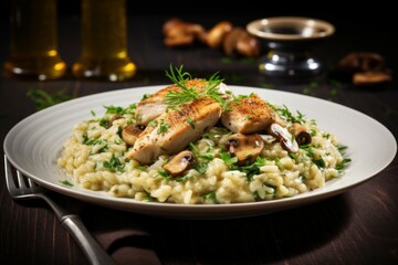 Creamy Chicken risotto. Food meat rice. Generate Ai