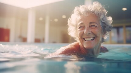 Close up portrait of cute smiling old woman on swimming lessons in pool, learning water safety skills, activity. Natural sunny Lighting and on a shiny light over bokeh background. 