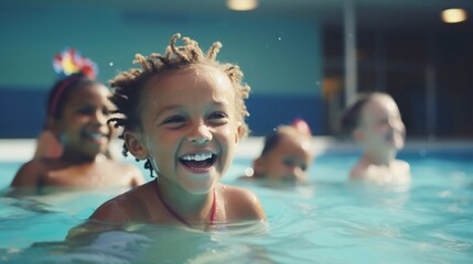 Close up portrait of cute smiling Diverse young children enjoying swimming lessons in pool, learning water safety skills, activity. Natural sunny Lighting and on a shiny light over bokeh background.