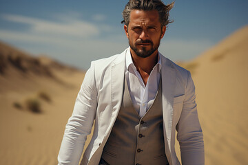 Handsome man 40 years old in suit in the desert on a sunny day. Copy space