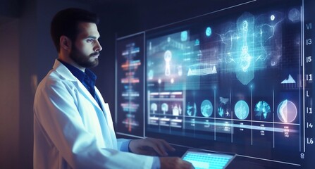 Male doctor studies diagnostic results in modern clinic, Vision concept use of digital technologies in medicine, science, laboratory research. Empty space background for presentation banner