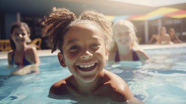 Close up portrait of cute smiling Diverse young children enjoying  swimming lessons in pool, learning water safety skills, activity. Natural sunny Lighting and on a shiny light over bokeh background. 