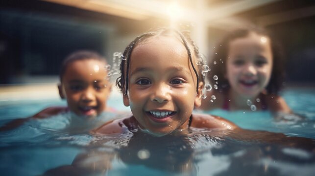 Close Up Portrait Of Cute Smiling Diverse Young Children Enjoying  Swimming Lessons In Pool, Learning Water Safety Skills, Activity. Natural Sunny Lighting And On A Shiny Light Over Bokeh Background. 