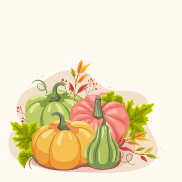 Autumn card for a good harvest with ripe pumpkins leaves berries. Design for invitations and cards. Vector illustration.