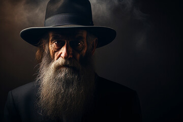frontal portrait of an old jewish rabbi with long beard and hat - obrazy, fototapety, plakaty