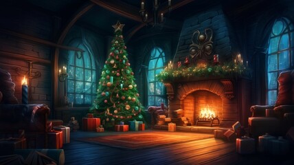 New Year's interior in the house with a Christmas tree and gifts on Christmas evening. AI generated - obrazy, fototapety, plakaty