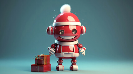 Robot Santa Claus with New Year and Christmas gifts on a plain background. AI generated