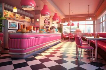 Retro ice cream shop with classic decor and a vibrant ambiance. A 3D rendition of an American diner. Generative AI