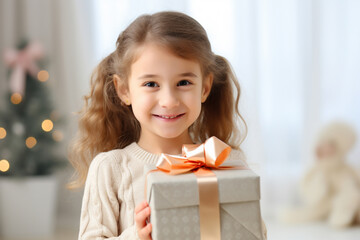 Fototapeta na wymiar The portrait of a happy little girl holding a gift box wrapped with cute ribbon on a christmas celebration holiday at home. Generative AI.
