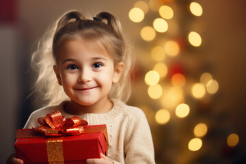 Fototapeta na wymiar The portrait of a happy little girl holding a gift box wrapped with cute ribbon on a christmas celebration holiday at home. Generative AI.