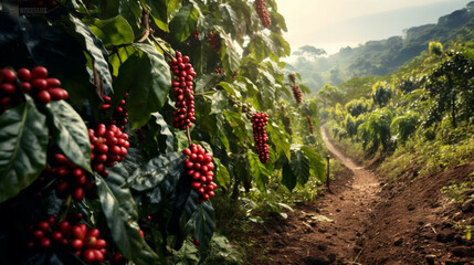 Coffee beans ripening on a tree in a coffee plantation.Organic coffee farm concept.