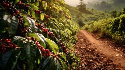 Coffee beans ripening on a tree in a coffee plantation.Organic coffee farm concept. - obrazy, fototapety, plakaty