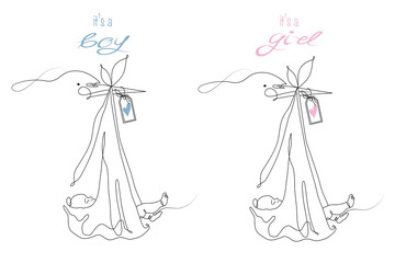Vector one line art illustrations of stork with a new born baby for postcard or baby shower card. It's a boy or It's a girl